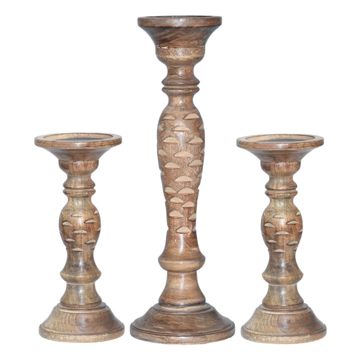 Traditional Medium Burnt Eco-friendly Handmade Mango Wood Set Of Three 9",15" & 9" Pillar Candle Holder