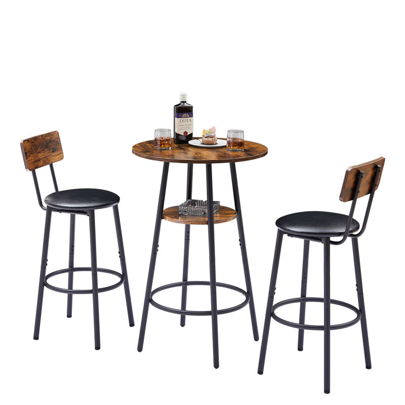 Round Barstool set with shelf, upholstered stool with backrest, Rustic Brown, 23.62" W x 23.62" D x 35.43" H