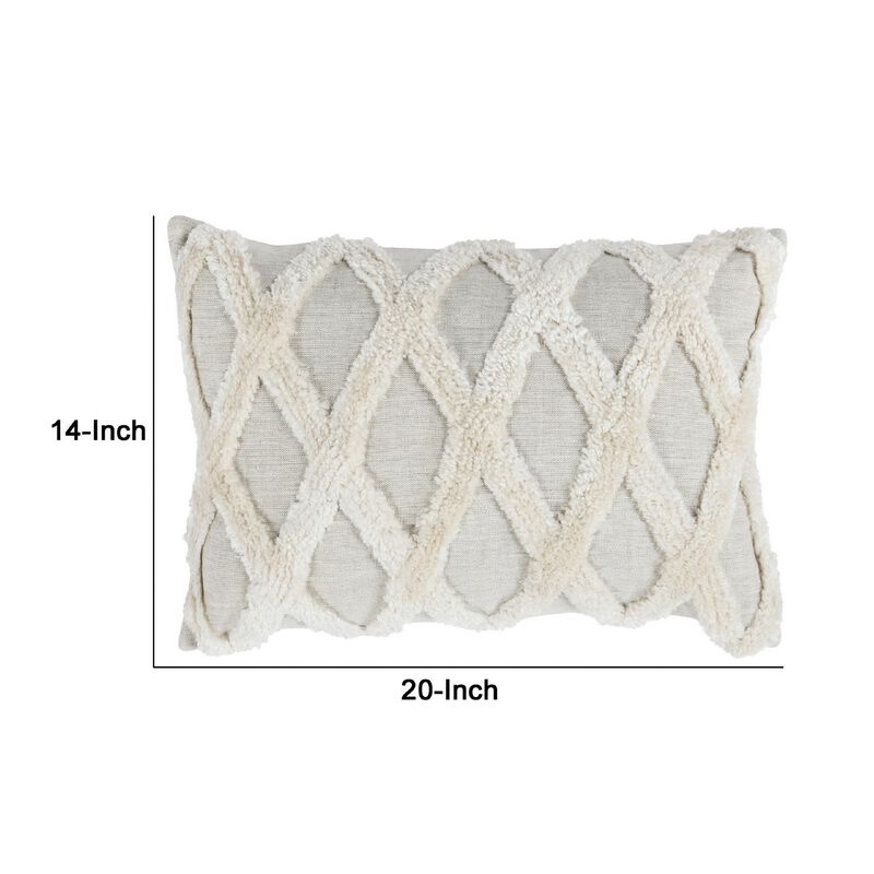 14 x 20 Lumbar Linen Accent Throw Pillow, Tufted Diamond Pattern, Ivory-Benzara