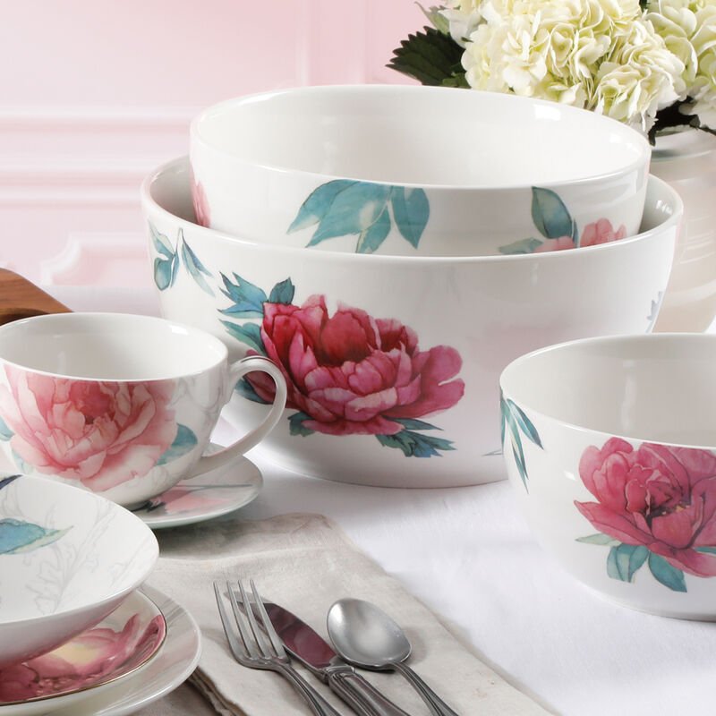 Martha Stewart 3 Piece Fine Ceramic Floral Bowl Set in White