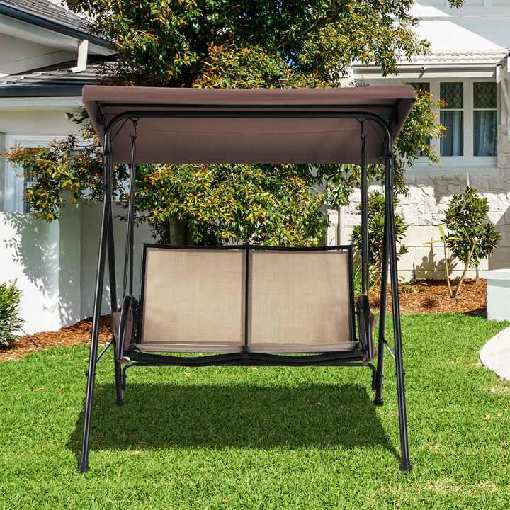 2-Person Patio Swing with Adjustable Canopy and 2 Storage Pocket-Brown