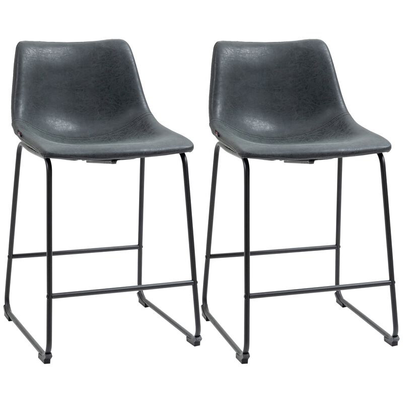 Black Bar Chairs: Set of 2 24" Vintage PU Leather Stools