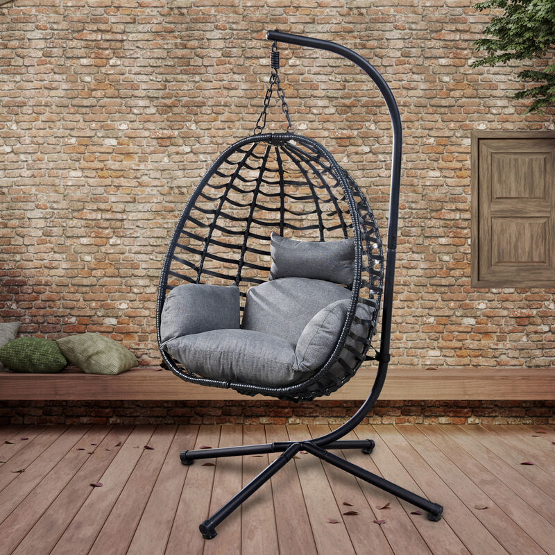 Artisan Outdoor Wicker Swing Chair With Stand for Balcony, 37" Lx35" Dx78" H (Grey)