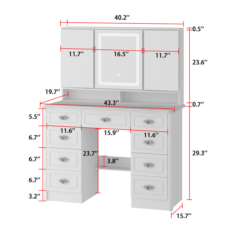 White Makeup Vanity Table Dressing Desk with 3-Mirrors, LED Lighted, 9-Drawers, Hidden Storage Shelves, Crystal Handles