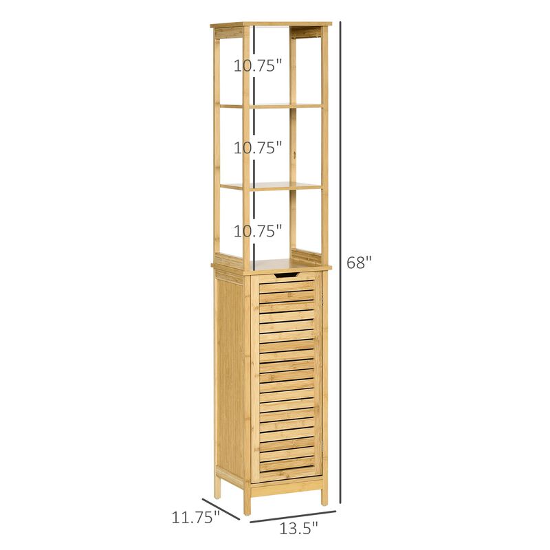 Natural Bathroom Tower: Slim Floor Cabinet with 3 Shelves