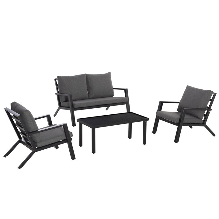 4pc Outdoor Furniture Set, Sofa, 2 Chairs, Coffee Table, Padded Cushions, Black