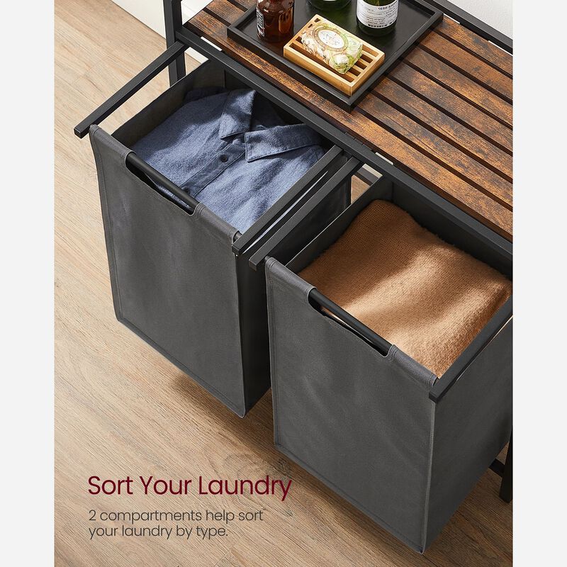 Metal Frame Laundry Hamper with Top Shelf and Pull-Out Bags, 2 Removable Oxford Fabric Bags