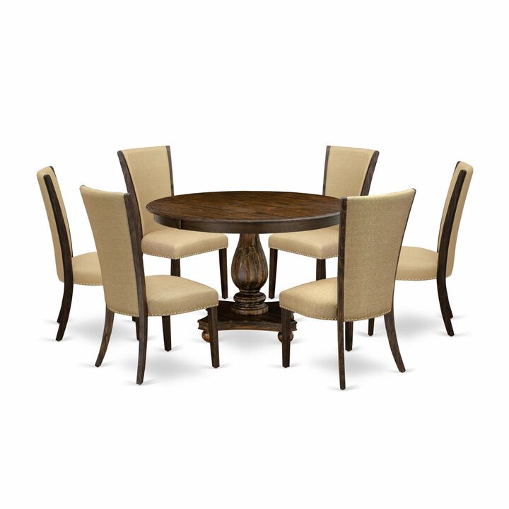 East West Furniture F2VE7-703 7Pc Dining Set - Round Table and 6 Parson Chairs - Distressed Jacobean Color