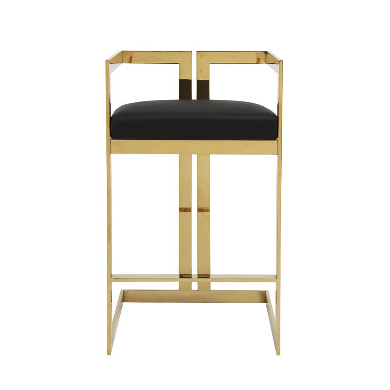 Suki 30 Inch Barstool Chair, Black Faux Leather Seat, Gold Cantilever Base - Benzara