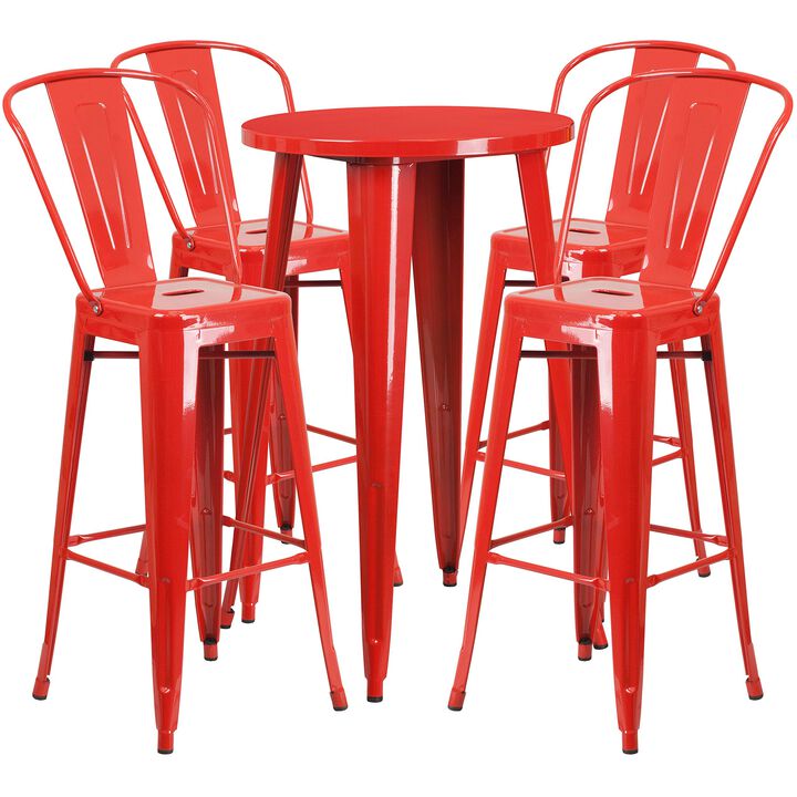 Flash Furniture Commercial Grade 24" Round Red Metal Indoor-Outdoor Bar Table Set with 4 Cafe Stools