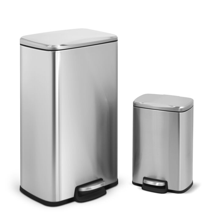 8 Gal./30 Liter and 1.3 Gal./5 Liter  Rectangular Stainless Steel Step-on Trash Can Set for Kitchen and Bathroom