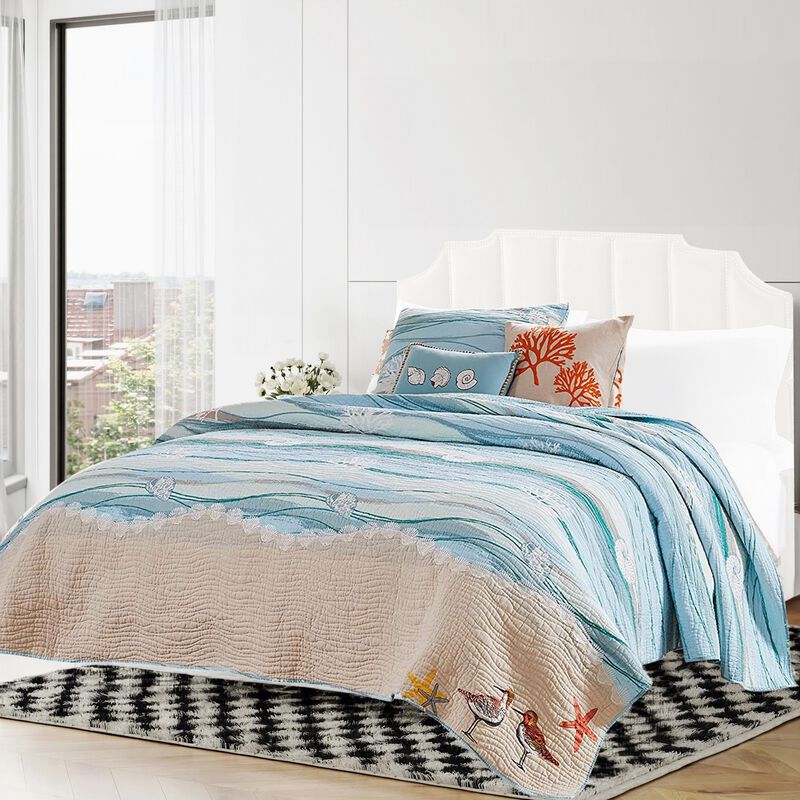 Maritsa Five Piece Queen Size Fabric Quilt Set with Coastal Prints, Blue-Benzara