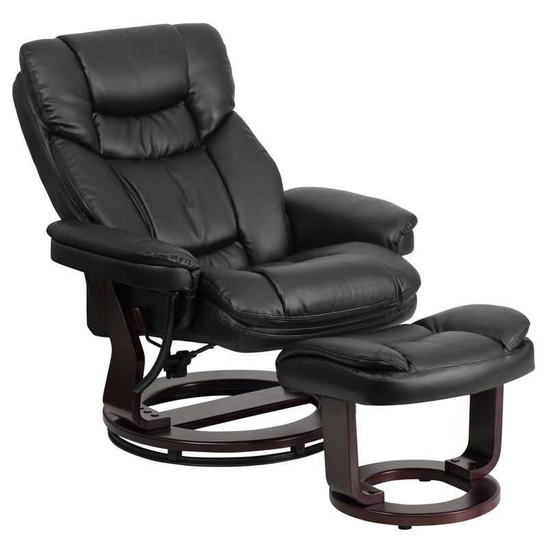 Flash Furniture Allie Contemporary Multi-Position Recliner and Curved Ottoman with Swivel Mahogany Wood Base in Black LeatherSoft