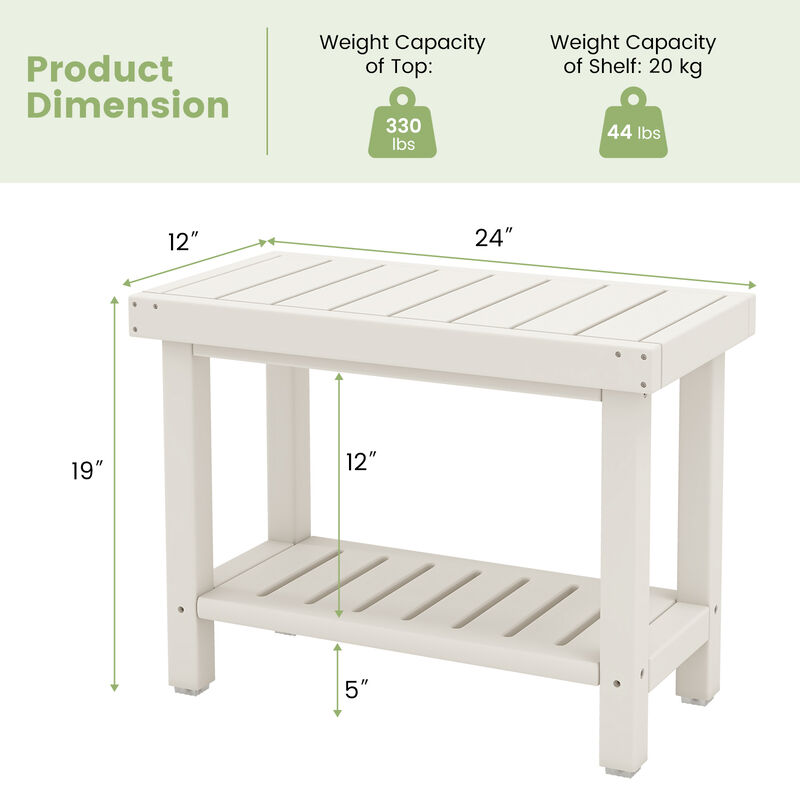 2-Tier HDPE Shower Chair with Storage Shelf and Anti-slip Foot Pads for Bath Spa