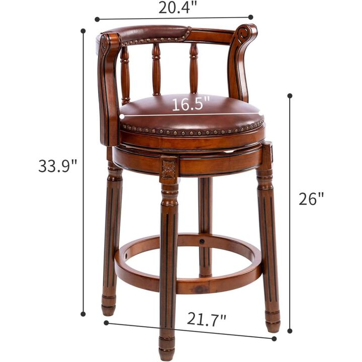 Seat Height 26" swivel Cow top Leather Wooden Bar Stools 360 Degree Swivel Bar Height Chair with Backs for Home Kitchen Counter(Brown 1pc)