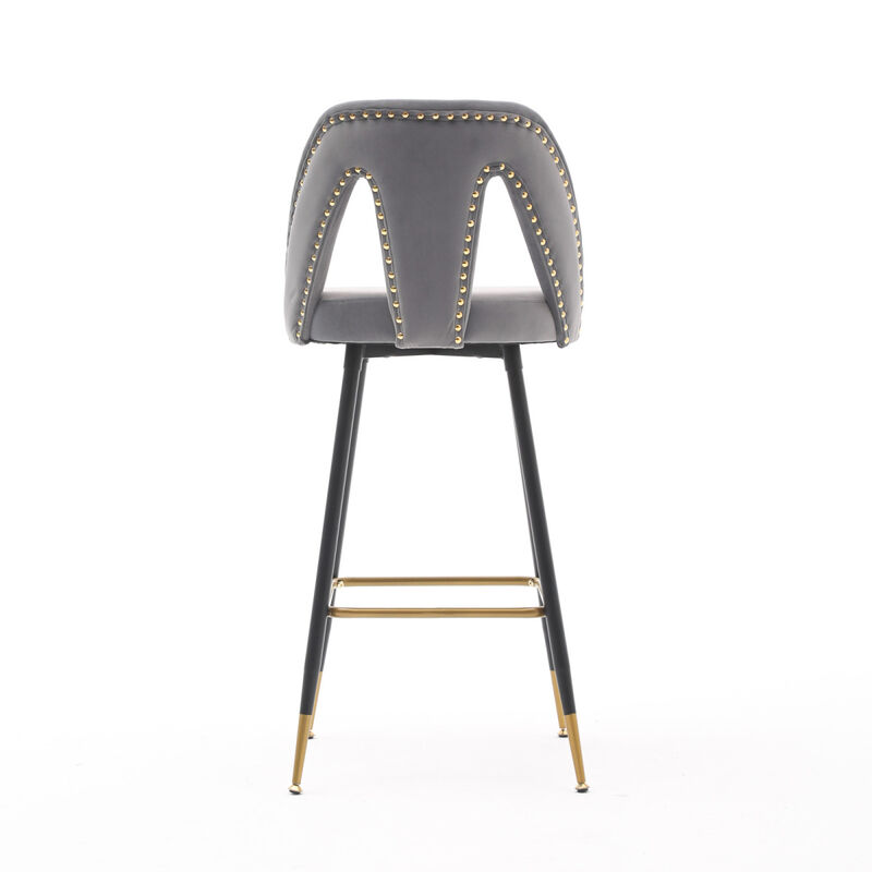 Collection Modern Contemporary Velvet Upholstered Connor 28" Barstool & Counter Stools with Nailheads and Gold Tipped Black Metal Legs, Set of 2 (Gray)