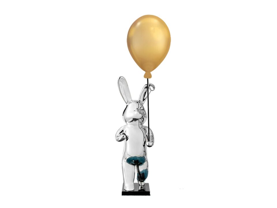Bunny with Balloon Sculpture Chrome and Red Resin Handmade