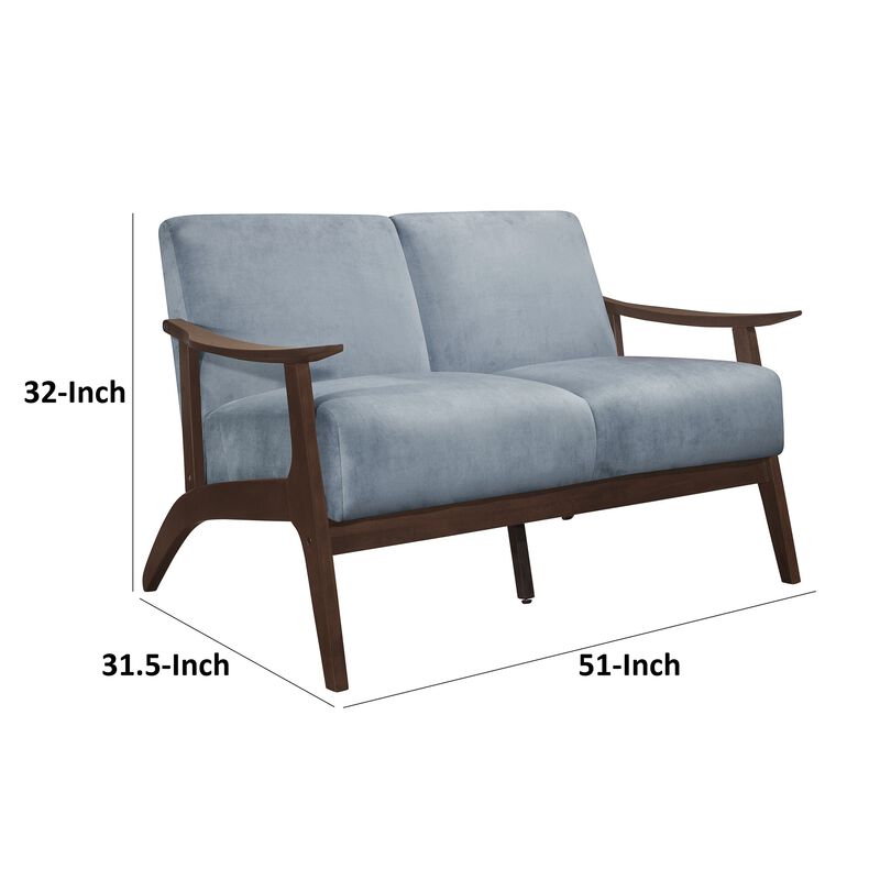 Rica 51 Inch Loveseat, Soft Blue Gray Velvet, Walnut Brown Solid Wood - Benzara