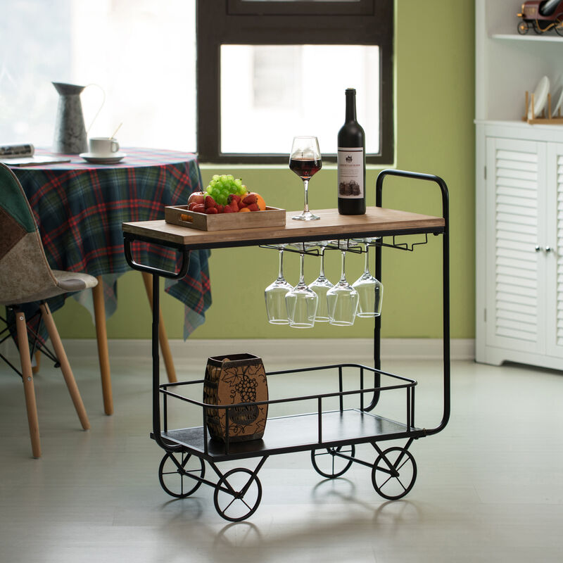 Metal Wine Bar Serving Cart with Rolling Wheels, Glass Holder, and Wine Rack