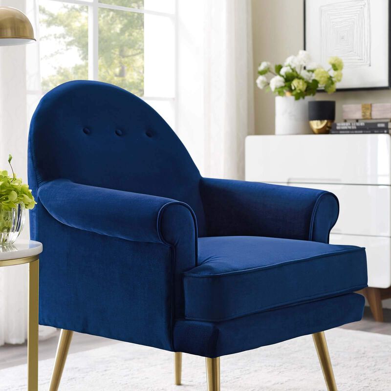 Modway Revive Mid-Century Modern Upholstered Performance Velvet Accent Lounge Arm Chair in Navy