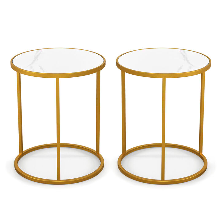 16 Inch Marble Top Round Side Table with Golden Metal Frame for Living Room Bedroom