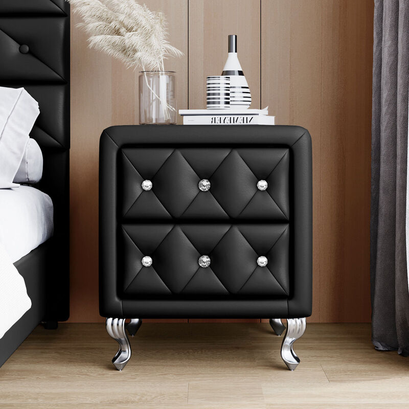 Elegant PU Nightstand with 2 Drawers and Crystal Handle, Fully Assembled Except Legs Handles, Storage Bedside Table with Metal Legs - Black