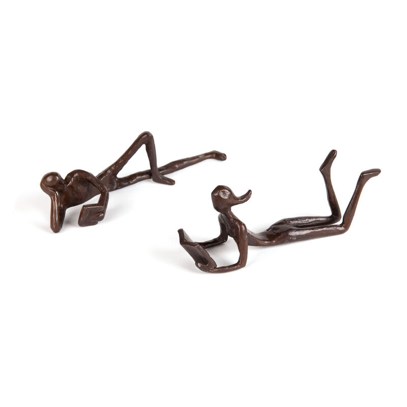 Man and Woman Leisurely Reading a Book Bronze Sculptures Metal Shelf D�cor (2 piece set)