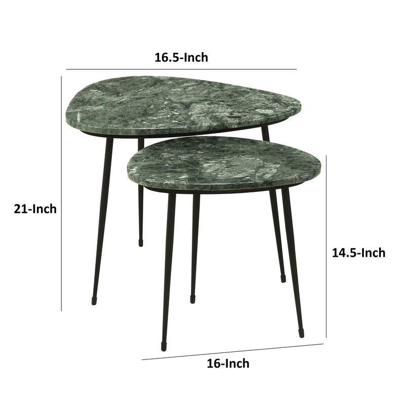 2 Piece Nesting Accent Table Set, Triangular Marble Top, Green, Black - Benzara