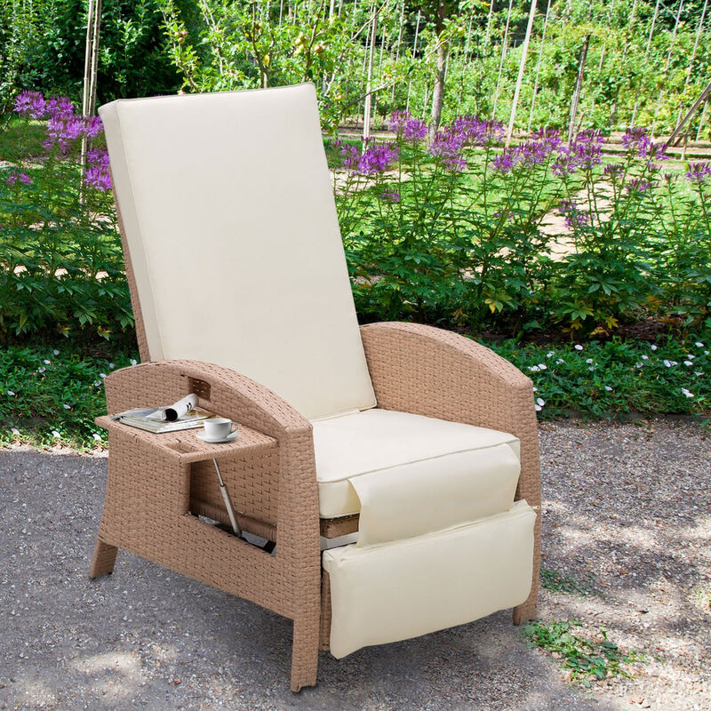 Luxe Outdoor Relaxation: Beige Rattan Recliner with Side Table and Footrest