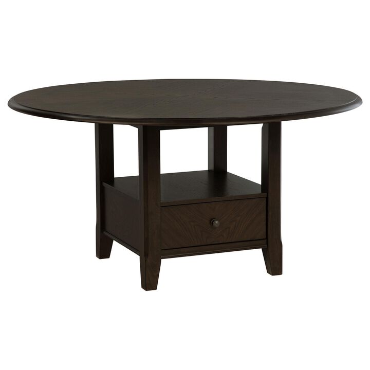 Tipa Round Dining Table with Drawer and Shelf, Dark Cocoa Wood 60 Inch - Benzara