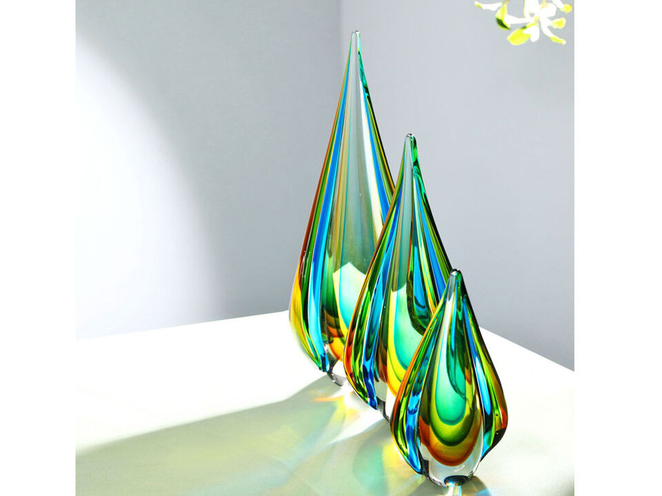 Hand Blown Green Flame Teardrop Sommerso Art Glass Sculpture