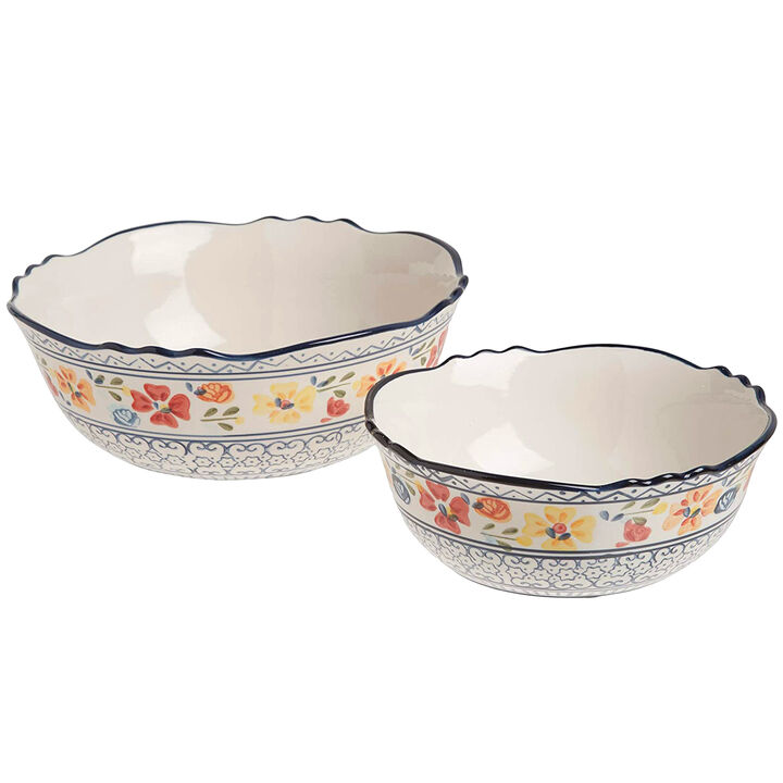 Gibson Elite Luxembourg 2 Piece Floral Hand Painted Round Stoneware Bowl Set