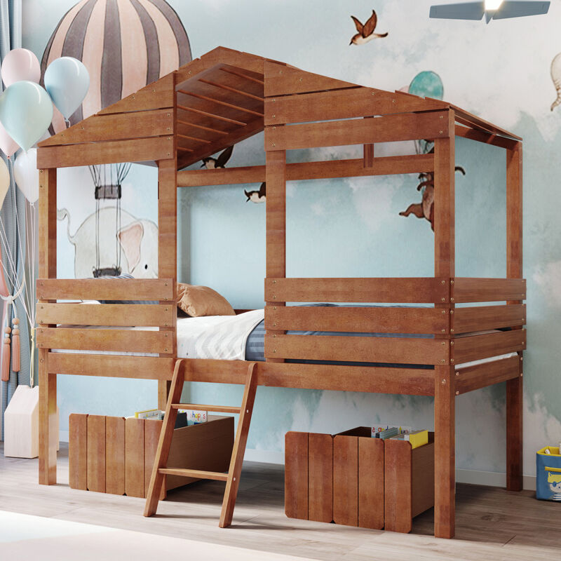 Twin Size Low Loft Wood House Bed with Two Drawers