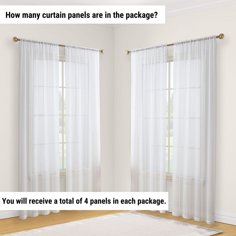 THD Essentials Sheer Voile Window Treatment Rod Pocket Curtain Panels Bedroom, Kitchen, Living Room - Set of 4