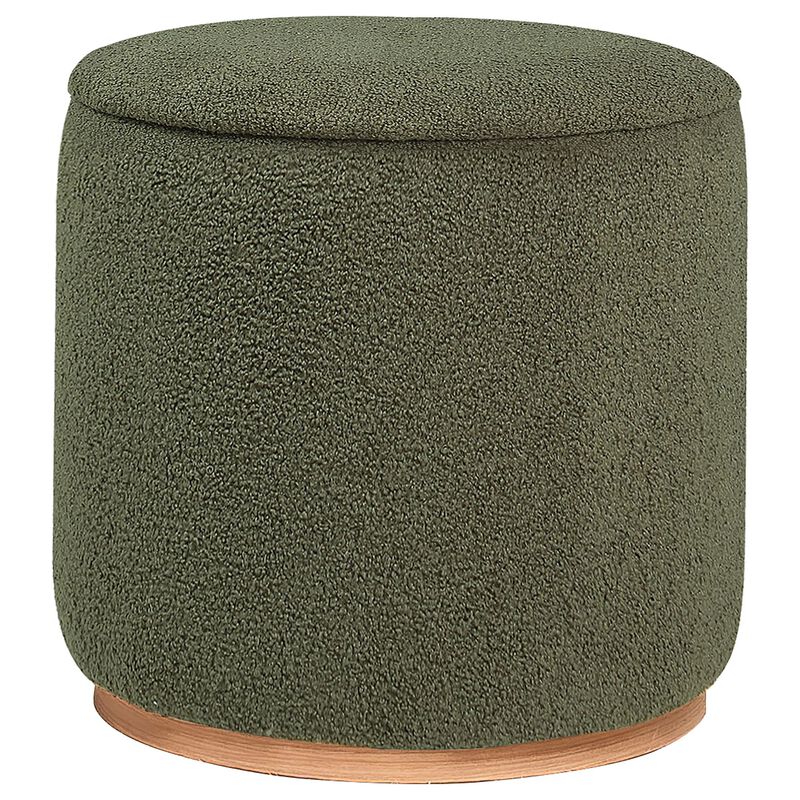 Zia 19 Inch Ottoman, Green Faux Sheepskin Upholstery, Round Platform Base - Benzara