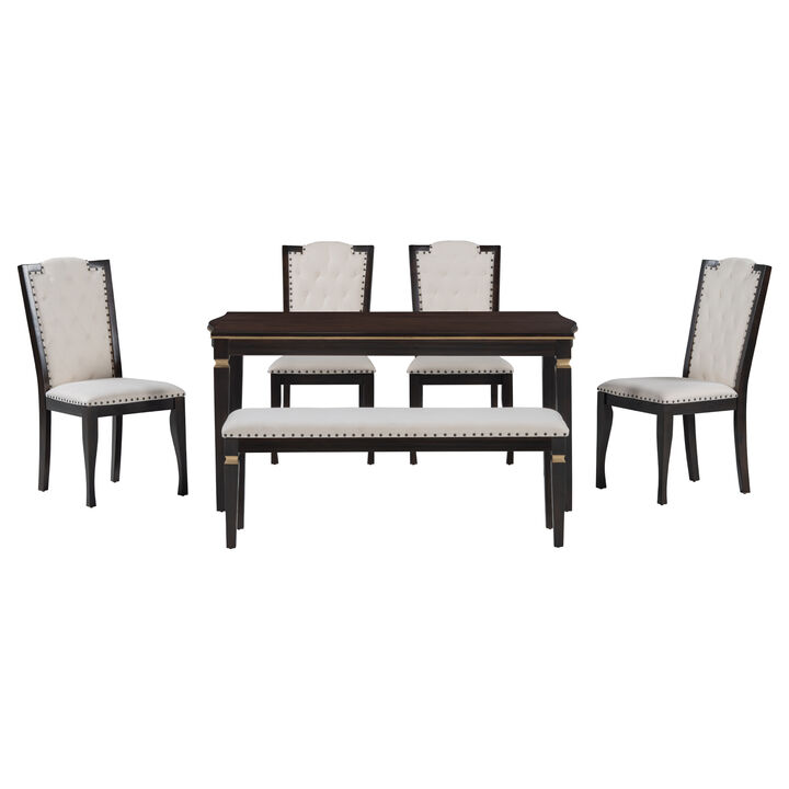 6Piece Kitchen Dining Table Set, 62.7" Rectangular Table and 4 High Back Tufted Chairs 1 Bench for Dining Room and Kitchen (Espresso)