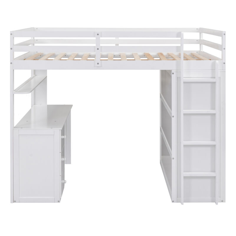 Full size Loft Bed with Drawers, Desk, and Wardrobe-White