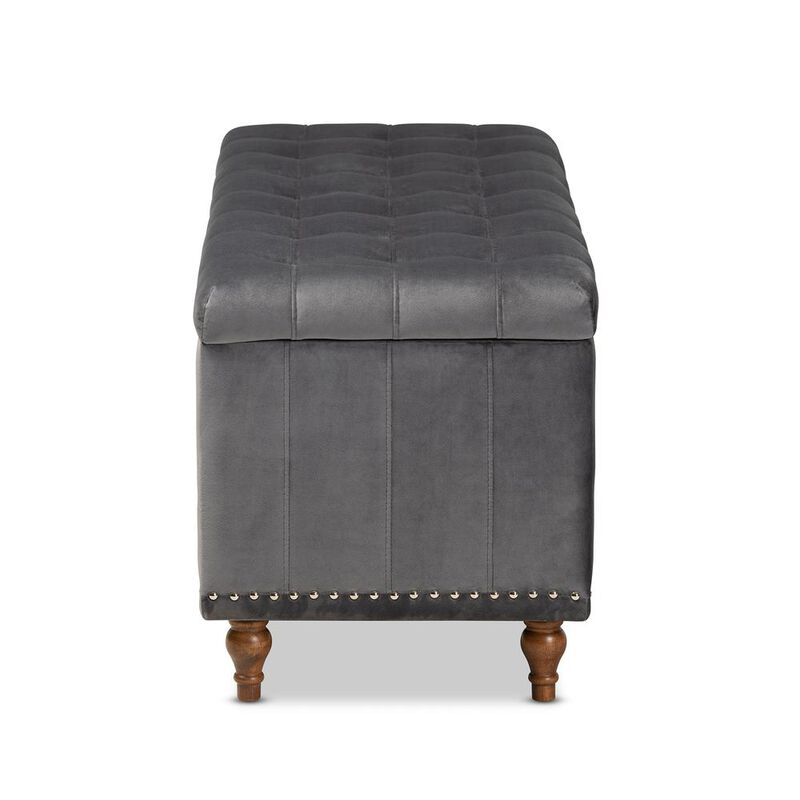 Grey Velvet Fabric Upholstered Button-Tufted Storage Ottoman Bench