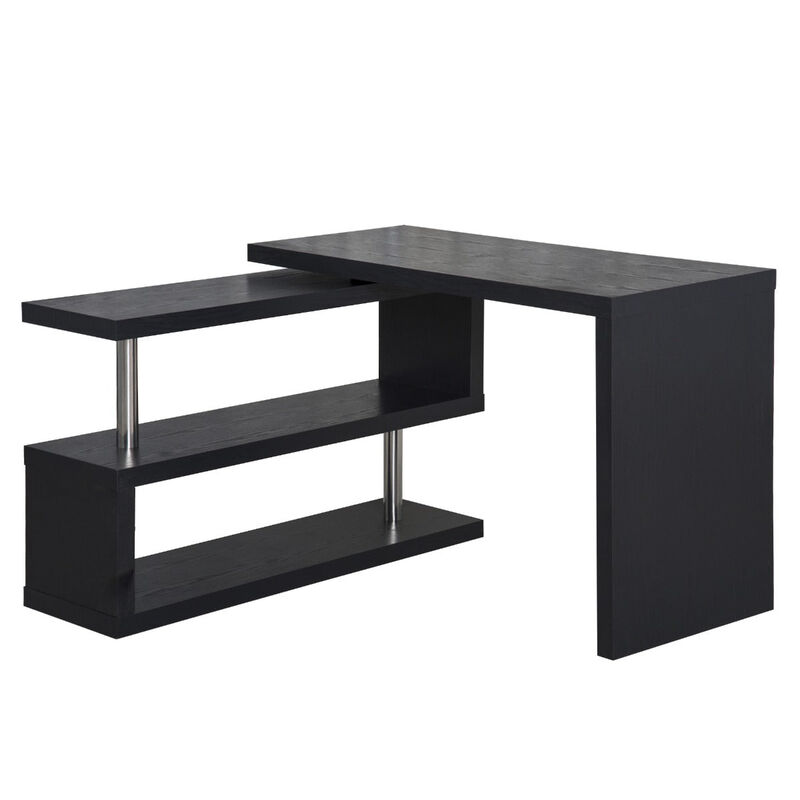 Black Home Office Hub: 360° Rotating L-Shaped Desk with Storage Shelves