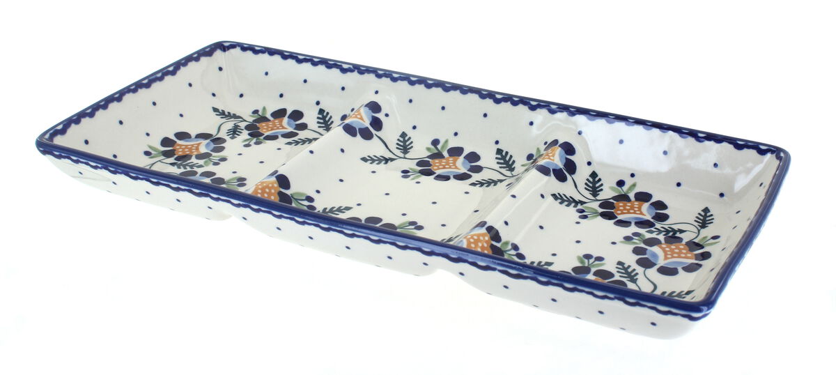 Blue Rose Polish Pottery Blue Violet 3 Section Serving Dish