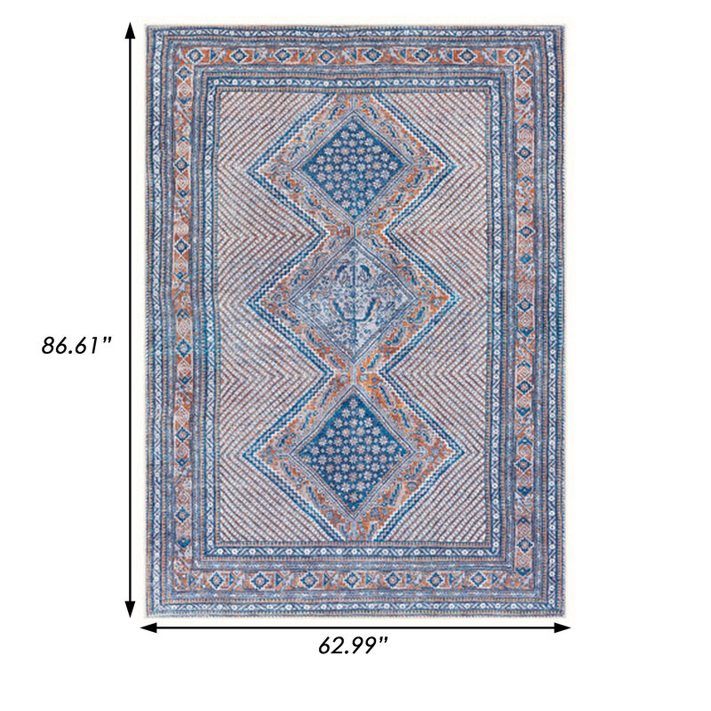 Nia 5 x 7 Washable Soft Area Rug, Ornate, Border, Medium, Cornflower Blue - Benzara