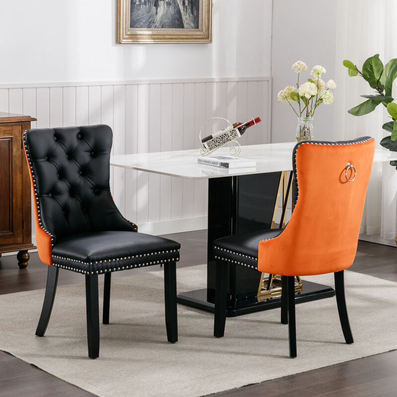 Modern, High-end Tufted Solid Wood Contemporary PU and Velvet Upholstered Dining Chair with Wood Legs Nailhead Trim 2-Pcs Set, Black+Orange