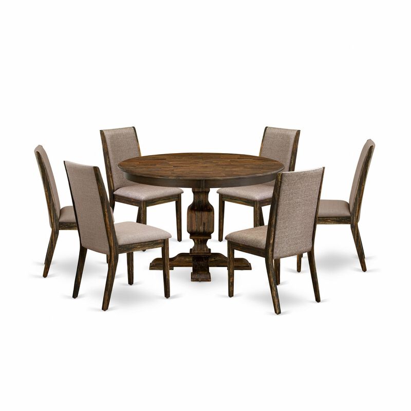 East West Furniture F3LA7-716 7Pc Dining Set - Round Table and 6 Parson Chairs - Distressed Jacobean Color