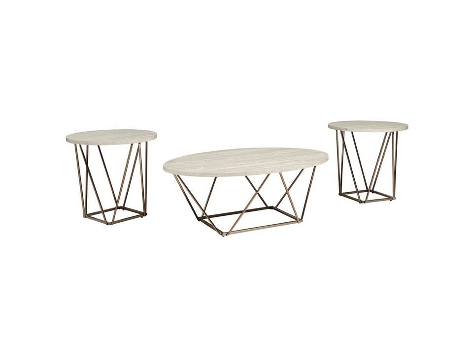 Faux Marble Table Set with 1 Coffee Table and 2 End Tables, White and Gold - Benzara