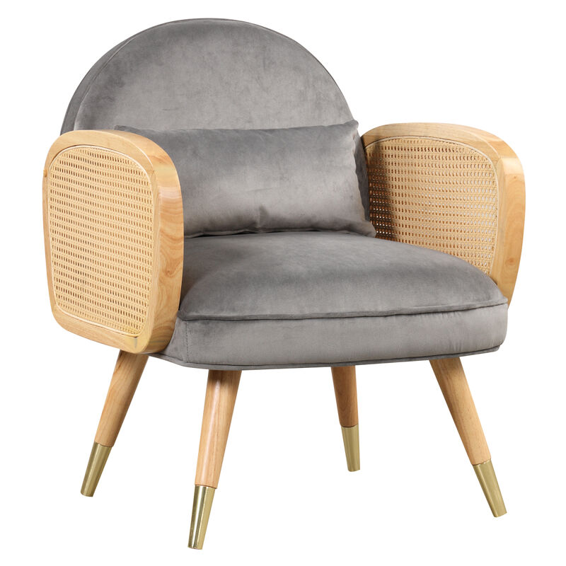 Armchair with Rattan Armrest and Metal Legs Upholstered Mid Century Modern Chairs for Living Room or Reading Room, Grey