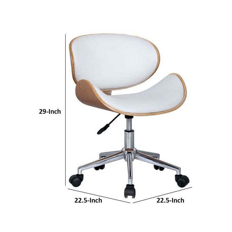 23 Inch Swivel Office Chair, Curved Wood Seat and Back, White Faux Leather - Benzara