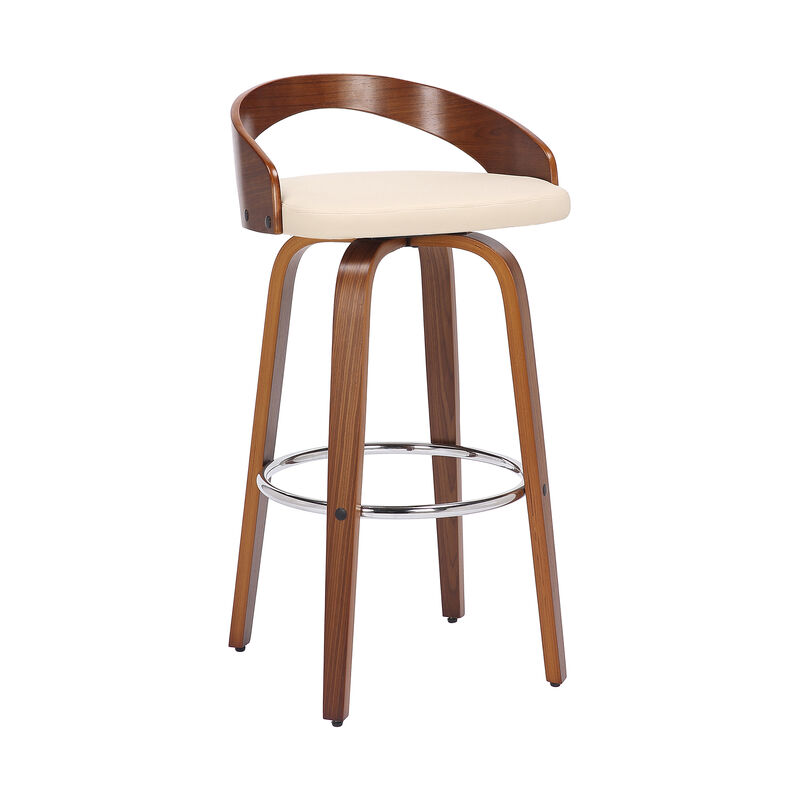 Sonia Bar Height Swivel Brown Faux Leather and Walnut Wood Bar Stool