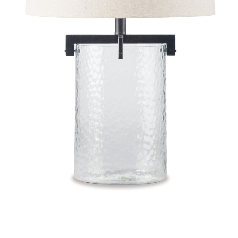 25 Inch Table Lamp, White Drum Shade, Clear Glass Base, Black Metal Frame - Benzara