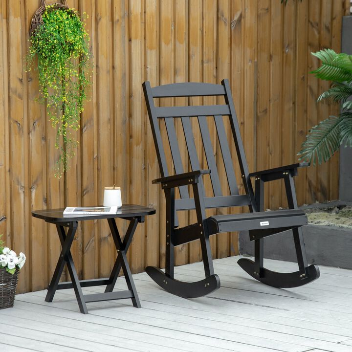 Black Wooden Outdoor Rocking Chair: 2-Piece Porch Rocker Set with Foldable Table for Patio, Backyard, and Garden