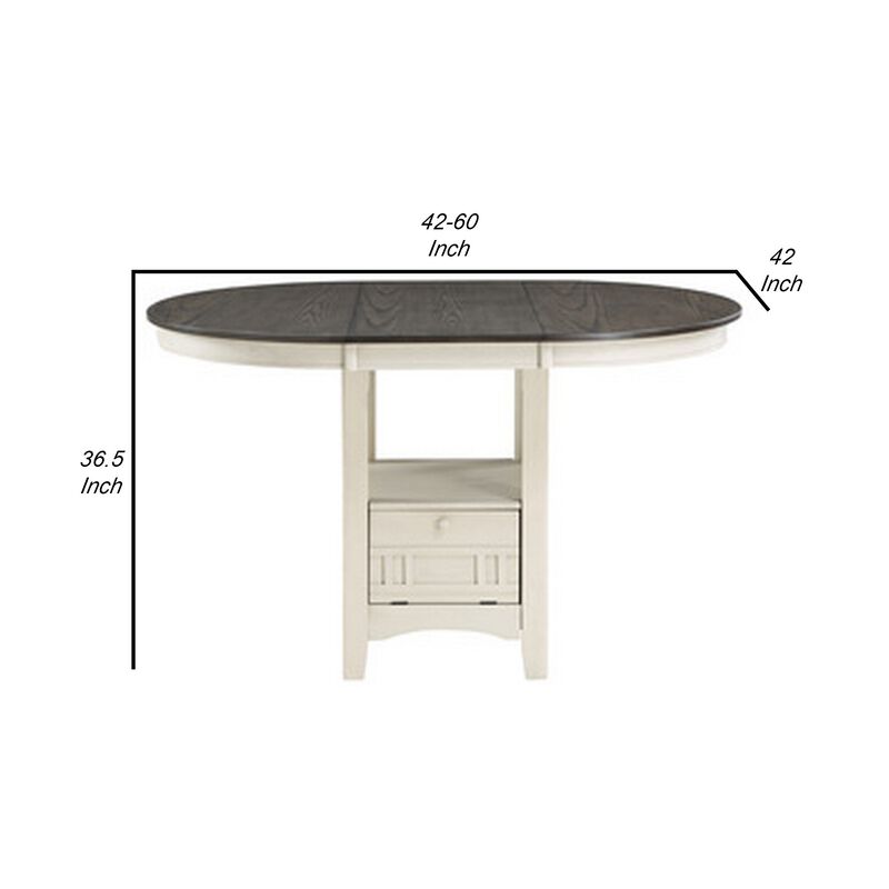 Glee 42-60 Inch Extendable Counter Height Table, Antique White and Brown-Benzara